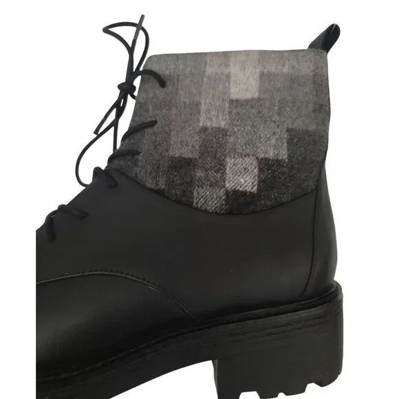 KELSI DAGGER BROOKLYN Black & Gray Checkered Leather Ankle Combat Boots Sz 7.5 - Picture 8 of 10